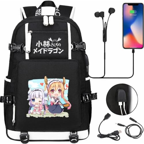 Kawaii Anime Miss Kobayashis Dragon Maid USB Backpack Boy Girl BookBags Teenagers Schoolbags Women Men Laptop Shoulder Bags