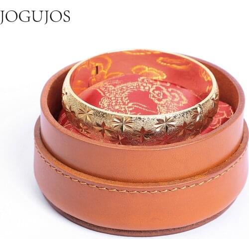JOGUJOS Retro Jewelry Box Women Cosmetic Bags Genuine Leather Luxury Brand Organizer Small Key Sundries Round Storage with lid