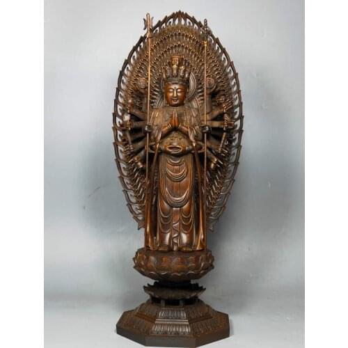 20"China Lucky Old Boxwood Hand-carved Lotus Thousand Hands Guanyin Bodhisattva Standing Buddha Enshrine the Buddha