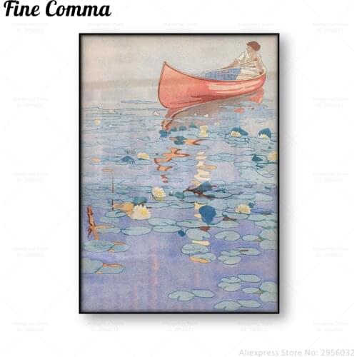Gloaming Walter Joseph Phillips Vintage Poster One Piece Poster Wall Art Canvas Print Woman Canoeing Painting Waterlilies Lake