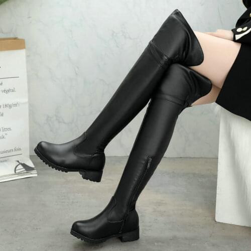Brown Black Women Over the Knee Boots Faux Leather Square Root Zipper Ladies Winter Boots Buckle Decorative Long Tube Warm Boots