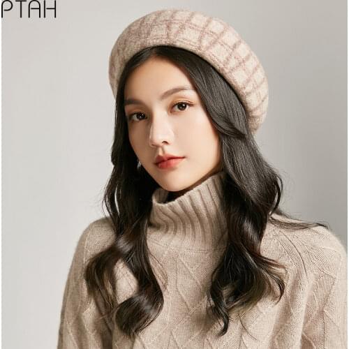 [PTAH] Women Girls Beret French Artist Warm Wool Winter Beanie Hats Caps Vintage Plain Beret Hats Plaid Elegant Lady Winter Caps