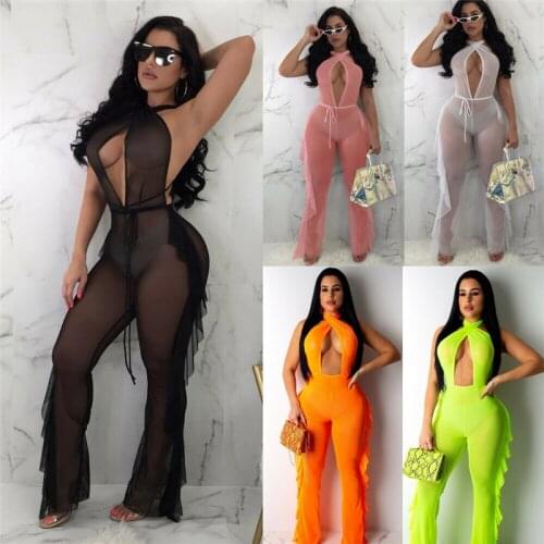 Women Sexy Off Shoulder See Through Bikini Cover Ups Mesh Hollow Out Ruffles Jumpsuit Romper Wide Leg Trouser Clubwear Cover Ups