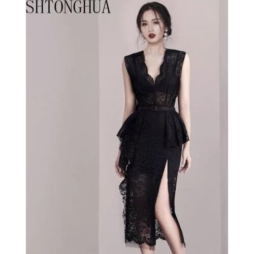 2020 Summer Runway Women Ruffles Hollow Out Lace Dress Ladies Tank V Neck Sleeveless High Waist Split Sexy Party Dress