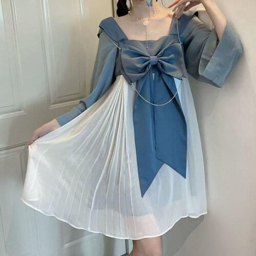 2021 Japanese Sweet Lolita Dress Summer Women Kawaii Cute Retro Solid Bowknot Dress Pretty Princess Fit Chic High-waisted Dress