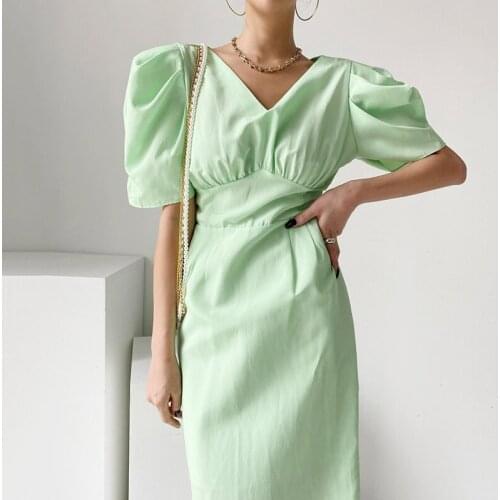 Runway Summer A-Line High Waist Short Sleeve Luxury Puff Sleeve Solid Green Vintage Party 2021 Elegant Dress for Women French