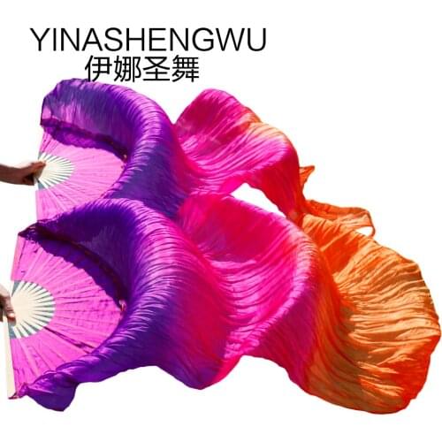 1 Pair Stage Performance 100% Silk Belly Dance Fans Gradient Colour Dance Accessories Belly Dancing Silk Fans purple+rose+orange