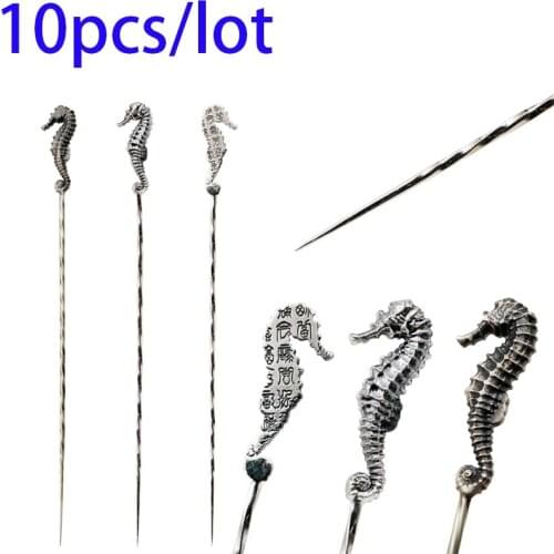 10pcs 925 Sterling Silver Hippocampus Cigar Needle Drilled Cutter Burr Dredge Retro Puncher Portable Smoking Tools Accessories