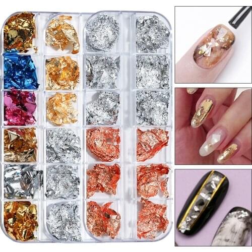 12 Grids/Box Rose Gold Metallic Foil Paper Nail Glitter Aluminum Flakes Chrome Dust Nail Art Decorations