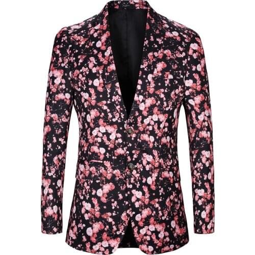 2021 Elegant Men Suit Jacket Black Japan Spring Cherry Blossoms Printing Floral Men Blazer Luxury Brand Casual Blazers For Men