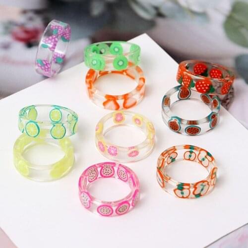 2021 Fashion Korean Style Fresh Fruits Transparent Acrylic Ring For Women Girls New Design Strawberry Lemon Finger Jewelry Gifts