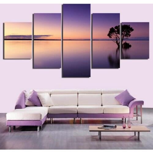 5pcs Pink Sunset Sky With Tree Reflection Silhouette Photography Art Decorative Painting Canvas Printing Waterproof Ink Poster
