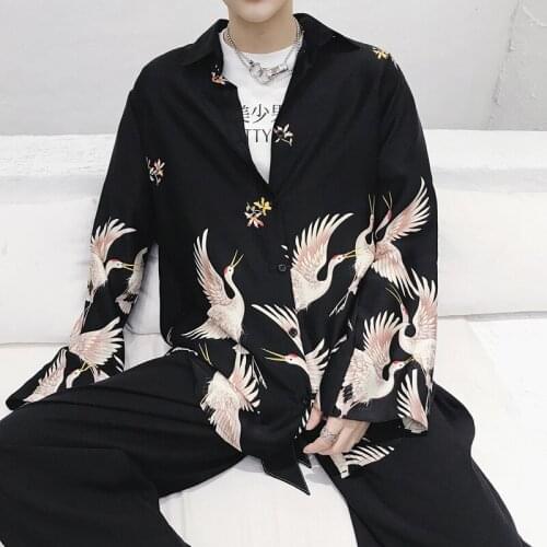 Crane Black Loose Sexy Male Japanese Blouse Harajuku Loose Wild Men Women Blusas Summer Cool Tops Long Sleeve Clothes
