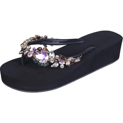 Bohemian Rhinestone Sandals Women Summer Non-Slip Clip Toe Flip Flops Wedges Slippers Beach Shoes