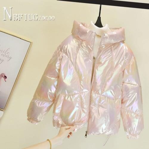 White Pink Green Colors Hooded Women Parkas S-XL Shiny Fabric Female Coat