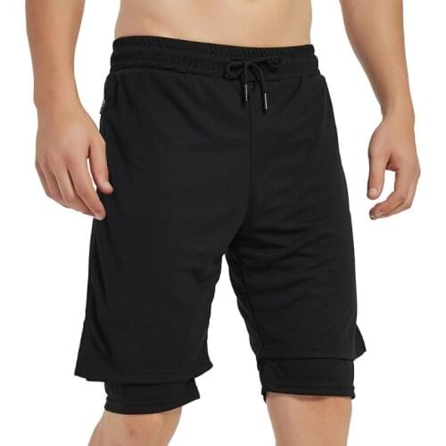 B36F Double Layer Jogger Shorts Men 2 in 1 Short Pants Gyms Fitness Built-in Pocket Quick Dry Beach Shorts Sweatpants