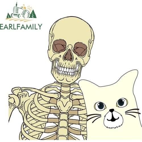 EARLFAMILY 13cm x 12.4cm for Skeleton Cat Photo Car Stickers Fashionable Decals Anime Sunscreen Waterproof Vinyl Car Wrap