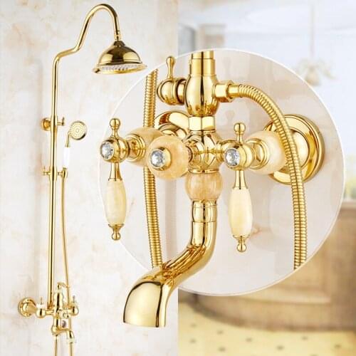 European Golden Natural Jade Shower Set Copper Hot & Cold Shower Head Toilet Shower Rotating Lifting
