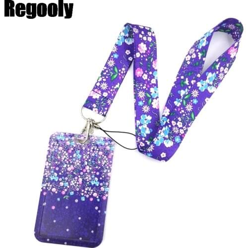 Purple Flowers Anime Lanyard Badge Holder ID Card Lanyards Mobile Phone Rope Key Lanyard Neck Straps Keychain Key Ring