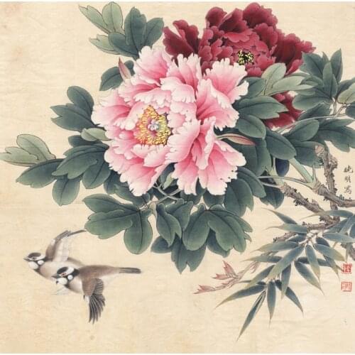 Chinese classical peony flower lover birds scenery oil painting canvas printings printed on canvas wall art decoration picture
