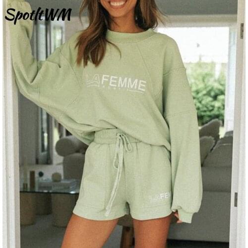 SpotltWM Autumn Women Letter Print Two Piece Shorts Set Casual Loose Sport O-Neck Long Sleeve Leisure Basic Match Suit 2021 New