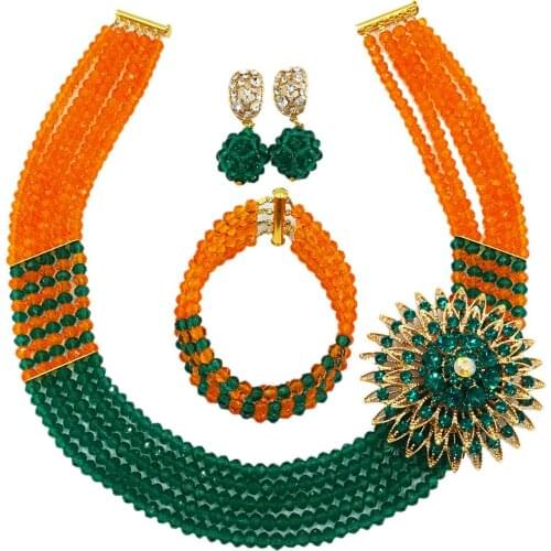 Pretty army green and orange crystal bead strand necklace african wedding beads nigerian jewelry set
