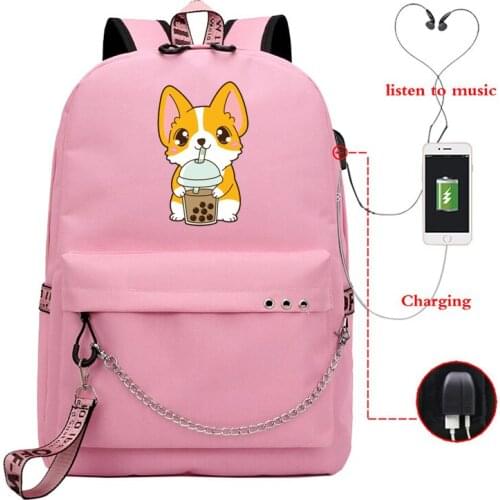 Fashion School Bag Usb Charging Bookbag with Usb Cable Line Bags Dog Print Backpacks Teeanger 90s Girl Women Travel Backpack