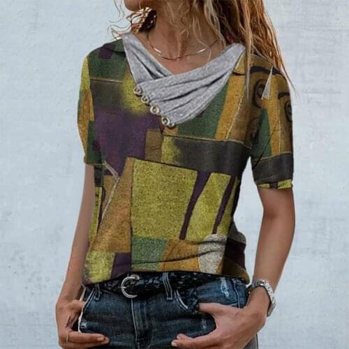 Fashion Women Printed Casual Tops Cross V-Neck Buttons Short Sleeve Blouse