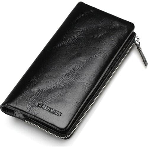 Fashion Mens Black Genuine Leather Wallet Casual Clutch Leather Zipper Purse Cow Leather Mens Long Wallet