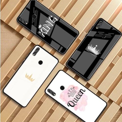 Cartoon Crown King and Queen Tempered Glass Phone Case For Huawei P20 P30 P40 P40 Lite Pro Psmart Mate 20 30 Cover Shell