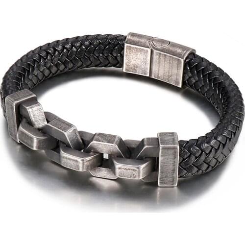 Vintage Inspired Jewelry Stainless Steel Thick Chain Cowhide 13mm Antique Leather Bangle Bracelet for Men 21.5cm
