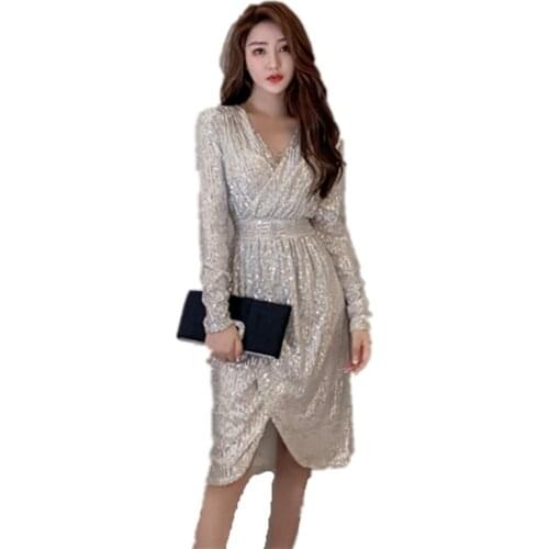 Fall 2019 Women Dress fashi Sexy V-Nec kSequin Dress Elegant Party Dress Silver A-Line Dress High Quality Clothes with Sequins