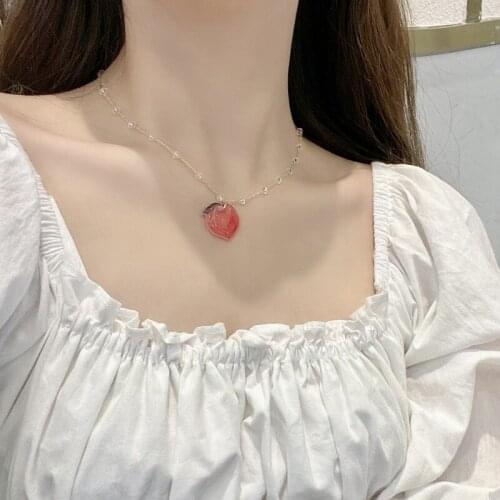 Natural Stone Quartz Red Peach Cherry Pendant Necklace For Woman Metal Chain Plated Gold Necklace Choker Sweet Jewelry Girl