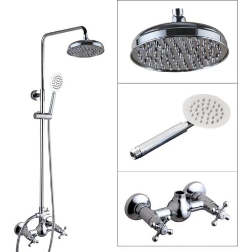 Polished Chrome Brass Wall Mount 8 Inch Rain Bathroom Rainfall Shower Faucet Set Double Handle Hand Spray Head Mixer Tap 2cy308