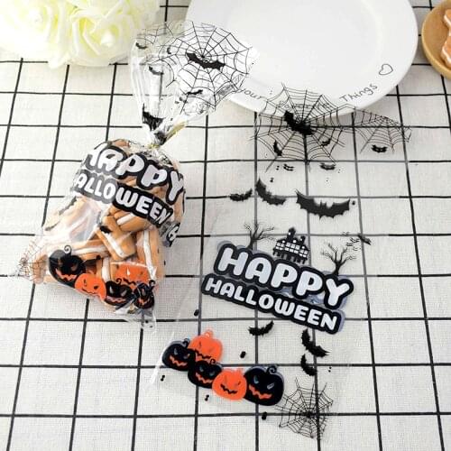 50pcs Hallwoeen Pumpkin Skull Cat Candy Bag Transparent Cellophane Food Plastic Package Bags Halloween Decoration Gift Bag