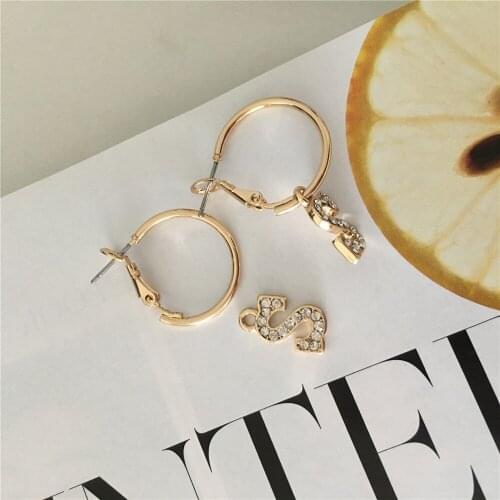 New Lovely Gold Color Plating Clear Stone Decorated S Initial Charm Hoop Earrings For Women Girl Pretty Cute Casual Jewelry
