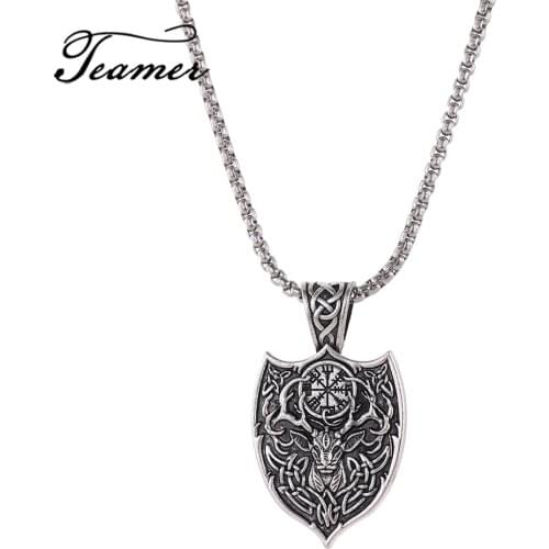 Teamer Animal Deer Shield Pendant Necklace for Men Vintage Punk Viking Wicca Jewelry Vegvisir Compass Necklace Amulet Gifts