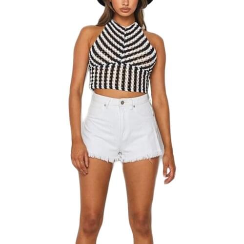 Women Halter Crop Tops, Sexy Sleeveless Backless Crochet Hollow Out Striped Camisole