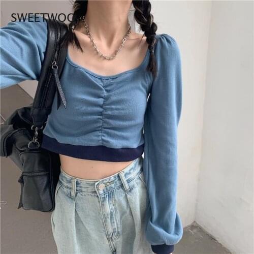 Women Long Sleeve T-shirts Patchwork Crop Tops Pleated Square Collar Sexy Females Leisure Club Trendy Korean Style