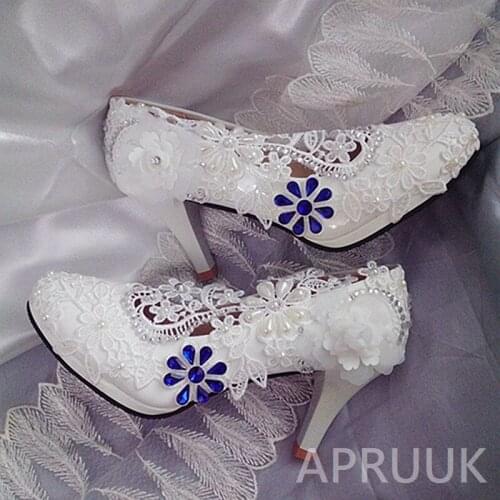 PLUS SIZE 41 42 handmade lace bridal wedding shoes bride blue diamond ivory pearls luxury white lace wedding dinner pumps shoe