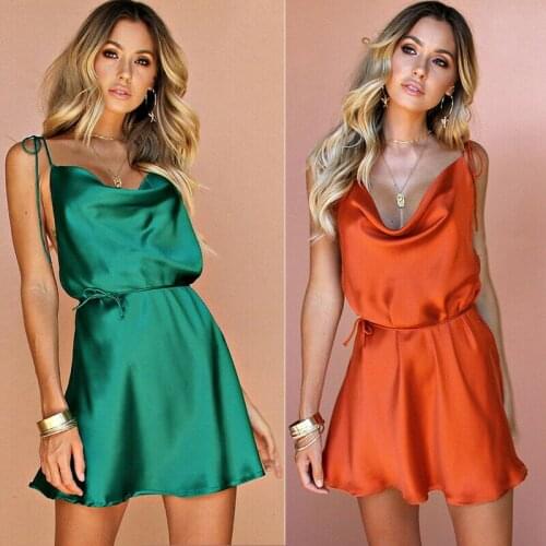 Brief Women Ladies Satin Lace Sundress Sleeveless Sling Lace-up Defined Waist Dress Solid Color Women Backless Mini Dresses