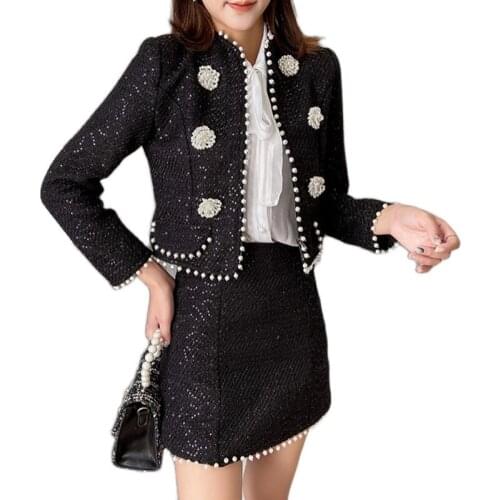 Womens Two Piece Set 2020 Autumn Winter Clothes Elegant Black Crop Top Pearl Beading Tweed Jacket and Mini Skirt Suit Sets