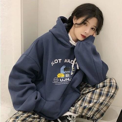2021 Autumn New Korean Version of Loose Letters Blue Hooded Long-sleeved Sweater Female Student Jacket
