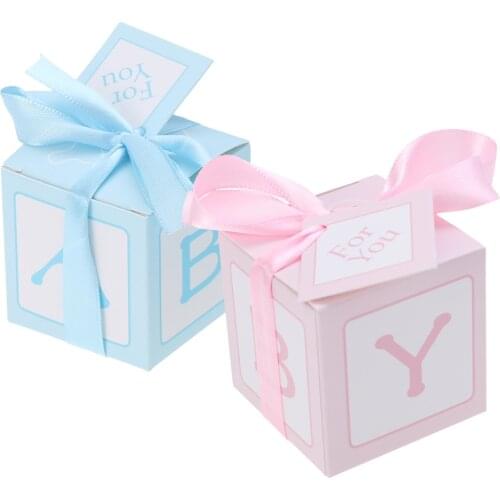 12pcs Creative Baby Shower Stitched Ribbon Printed Cards Treat Boxes Candy Boxes Sweet Bag Baptism Container Baby Shower Party
