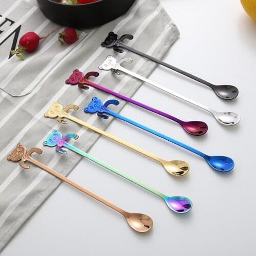 7Pcs/Set Colorful One Week Spoons 304 Stainless Steel Coffee Spoon Long Handle Cute Bear Tea Ice Spoons Korean Kitchen Tools