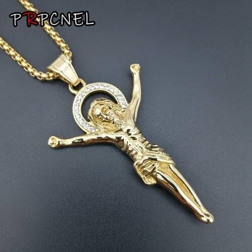 Big 316L Stainless Steel Necklace Chain Gold Color Christian Jewelry Jesus Crucifix Mens Cross Pendant Necklace For Men