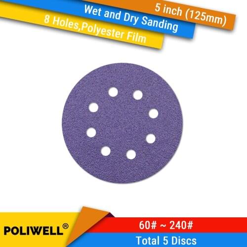 5PCS 5inch(125mm) 8-Hole Hook & Loop Wet/Dry Polyester Film Purple Sanding Discs (60-240 Grit)