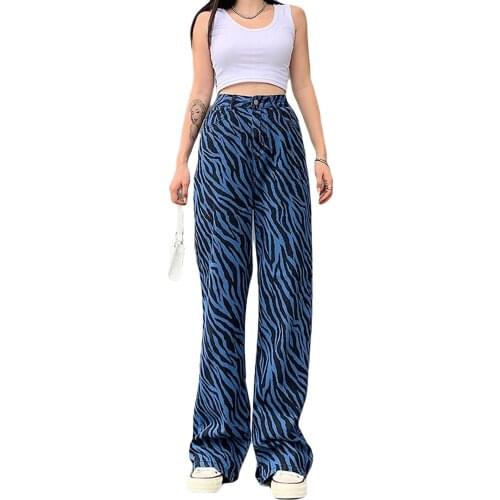 Ladies Zebra Print Casual Loose High Street Straight Leg Jeans Autumn and Winter Adult Pure Cotton High Belt Pocket Wide Pants