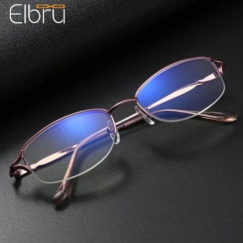 Elbru Semi-rimless Anti Blue Light Portable Reading Glasses Men Women Metal Pink Frame Presbyopia Eyeglasses Diopters +1.0 +4.0