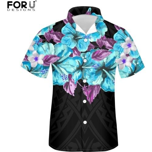 FORUDESIGNS Hibiscus Polynesian Pattern Men Summer Fahsion Casual Button Shirt Short Sleeve Male T-Shirt Design Loose Boy Shirts